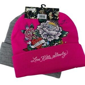 Ed Hardy Set of 2 Gray and Pink Beanie Set Love Kills Slowly NWT